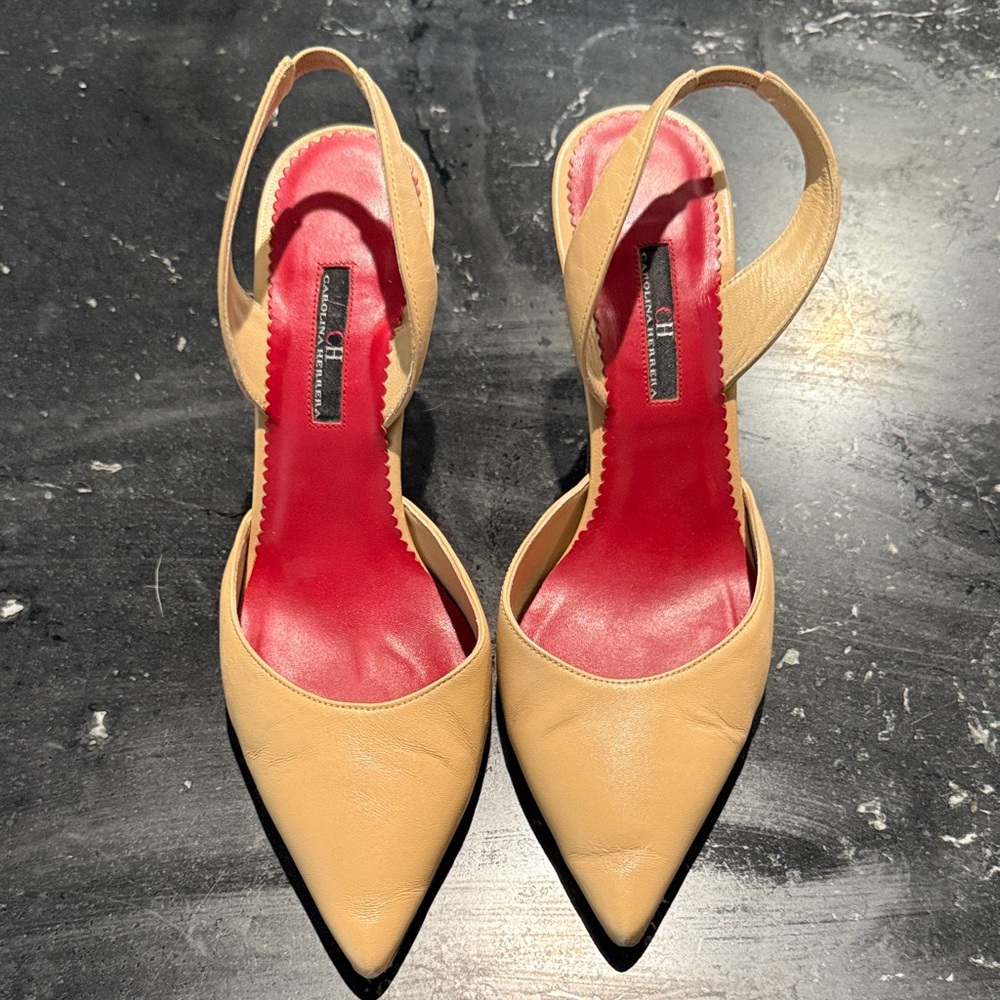 Carolina Herrera Tan and Red Slingback Heels